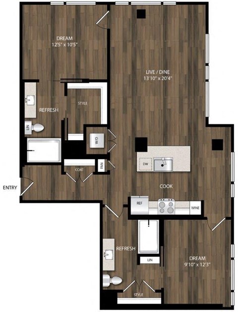 Floor plan for 2 beds, 2 baths, 1146 sqft